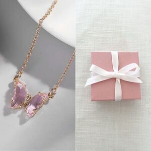 Elegant Glass Butterfly Necklace with Sparkling Cubic Zirconia